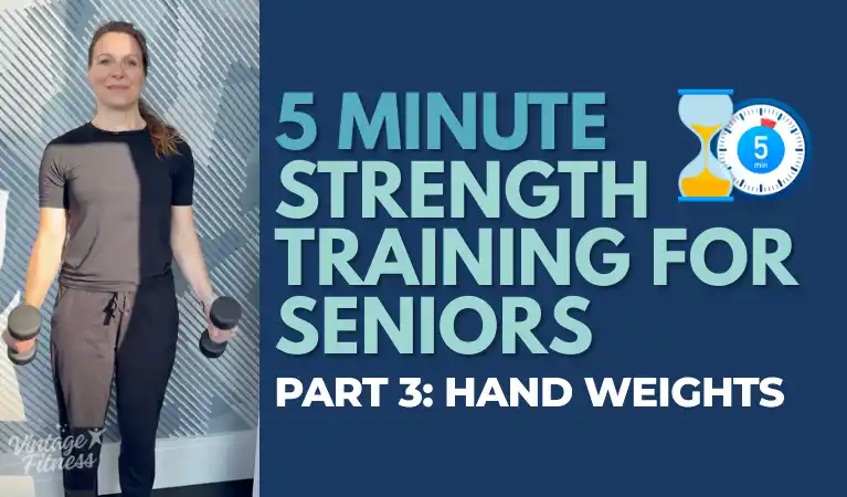 Leigh Graham demonstrating 5 minute hand weights strength training workout for seniors as part of Part 3 of the series