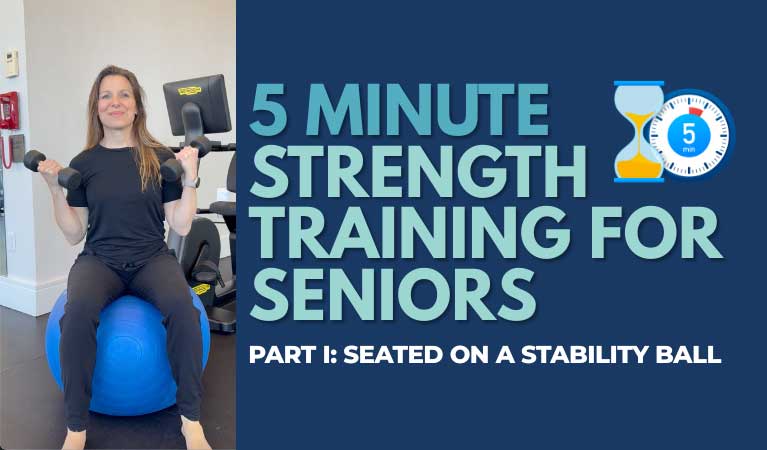 Senior woman performing strength training on a stability ball as part of a 5 minute strength workout routine