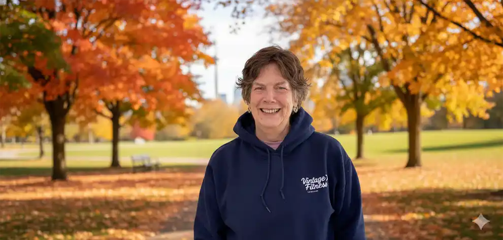 Andrea Stillwell, certified senior fitness trainer in Midtown Toronto, smiling outdoors in fall setting