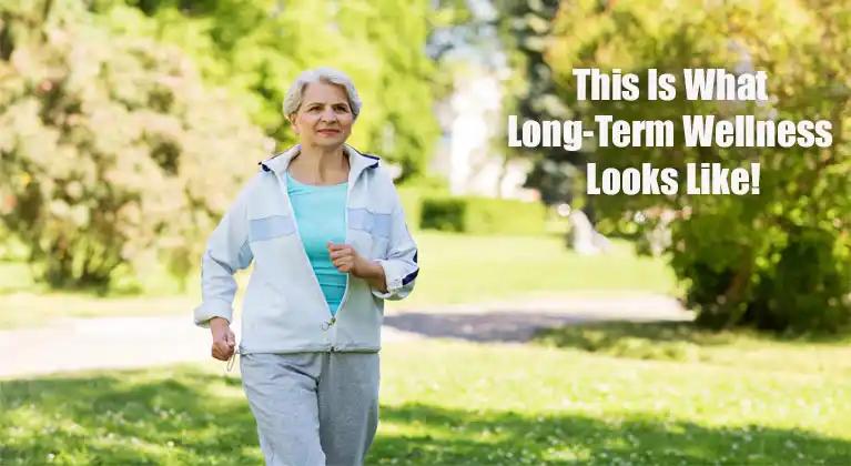 Older adult jogging outdoors with a smile, symbolizing steady progress through consistent wellness habits