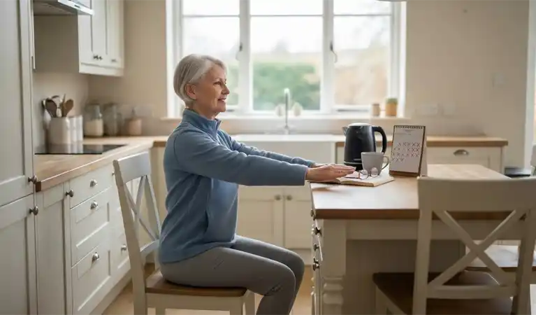 Senior woman in comfortable clothing doing a simple daily stretching routine at home, demonstrating small achievable fitness habits for older adults
