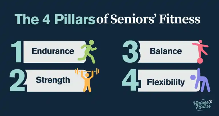 Four pillars of senior fitness: endurance, strength, balance, flexibility