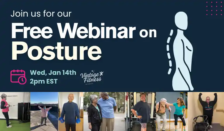 Free posture webinar promotional banner for seniors showing correct spine alignment diagram and photos of active older adults exercising, scheduled for January 14 at 2pm EST by Vintage Fitness