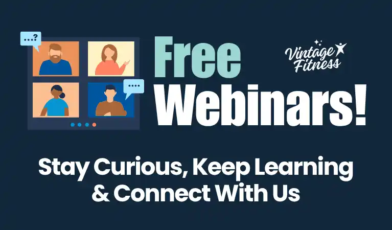 Four older adults smiling on a video webinar call, with the headline Free Webinars, Stay Curious, Keep Learning and Connect With Us