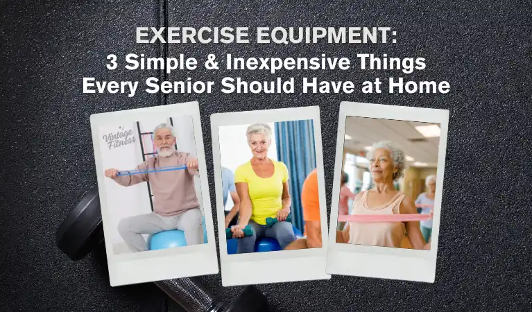 Three older adults using basic fitness equipment: resistance bands, small hand weights, and an exercise ball.