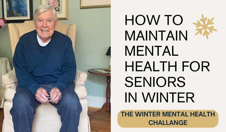 Senior enjoying peaceful moment by window with natural light during winter, representing positive mental health and wellness strategies for older adults in Ontario