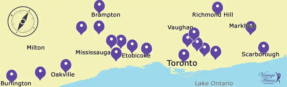 Vintage Fitness service area map - In-home training across Greater Toronto Area including Toronto, North York, Vaughan, Scarborough, Etobicoke, Richmond Hill, Mississauga, Oakville, Burlington, Milton, Brampton, and Markham