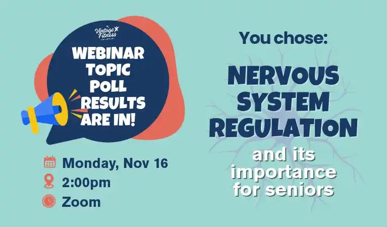 Vintage Fitness graphic announcing the webinar topic poll results, with the chosen topic Nervous System Regulation and Its Importance for Seniors, held Monday November 16 at 2:00 pm on Zoom