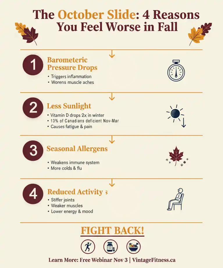 Infographic showing 4 causes of October Slide including barometric pressure drops, reduced sunlight, seasonal allergies, and decreased activity with solutions for seniors