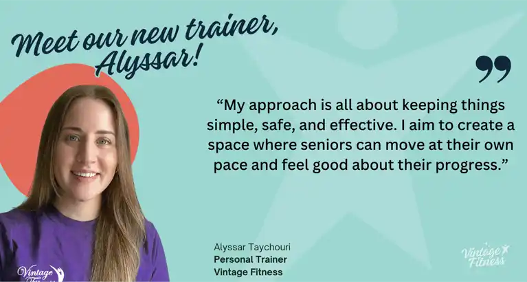 Portrait of Alyssar Taychouri, a smiling seniors’ fitness trainer joining Vintage Fitness in the Burlington and Oakville area