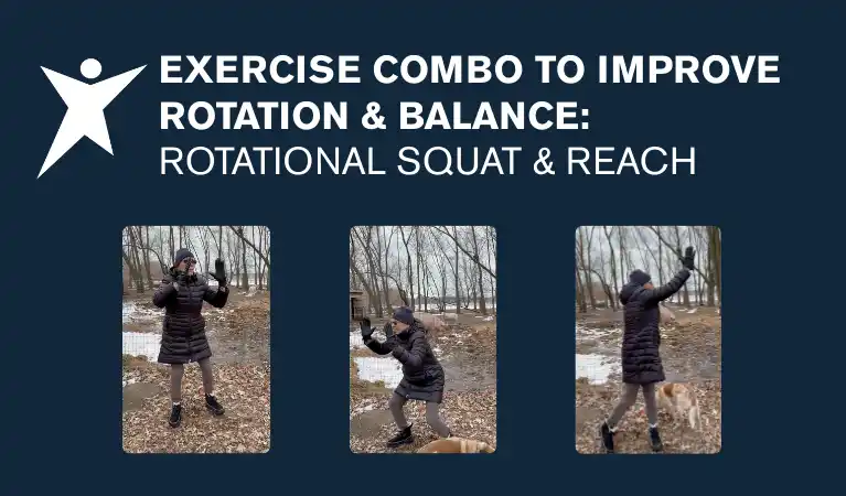 Senior woman demonstrating rotational squat and reach exercise outdoors in three-step sequence showing starting position, squat, and overhead reach
