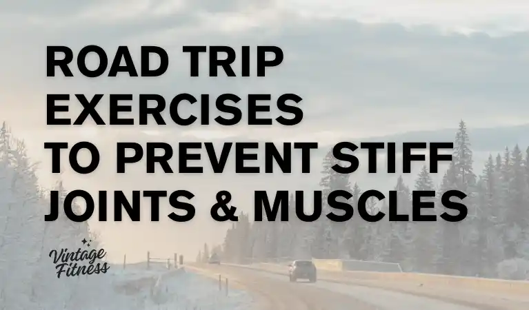 Senior exercises for comfortable travel during holiday season with winter road scenery