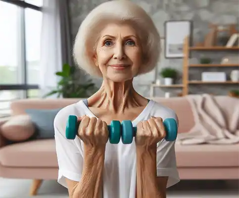 A senior woman doing weight training at her home