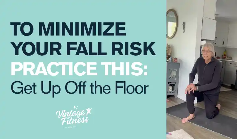 Senior woman in dark athletic wear on one knee on a yoga mat, demonstrating how to get up off the floor for fall prevention