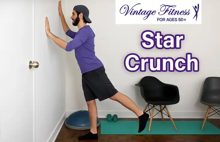 Vintage Fitness trainer demonstrates the star crunch exercise for seniors, featured in the Get Up Off the Floor Ebook