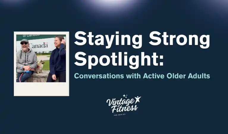 Active older adult Michael with his dog and Vintage Fitness trainer Yvette during the Staying Strong Spotlight interview