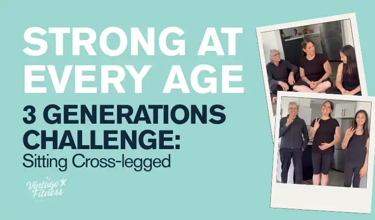 Three generations of women ages 11, 48 and 78 demonstrating how to sit on the floor as you age during the Vintage Fitness challenge