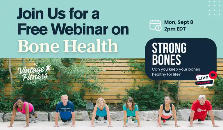 Group of older adults doing plank exercise promoting bone health webinar