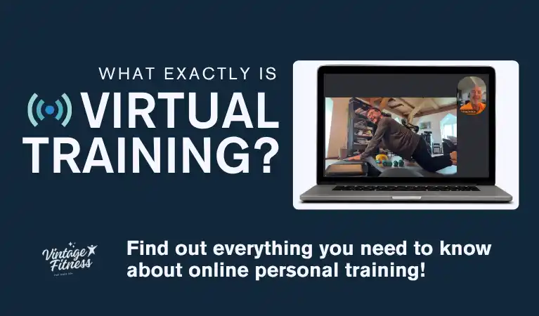 Laptop screen showing virtual personal training session with senior exercising at home guided by Vintage Fitness trainer