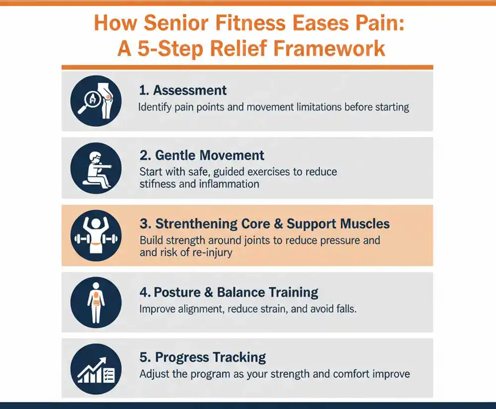 Infographic showing 5-step framework for senior fitness pain relief: assessment, gentle movement, strengthening core muscles, posture and balance training, and progress tracking.