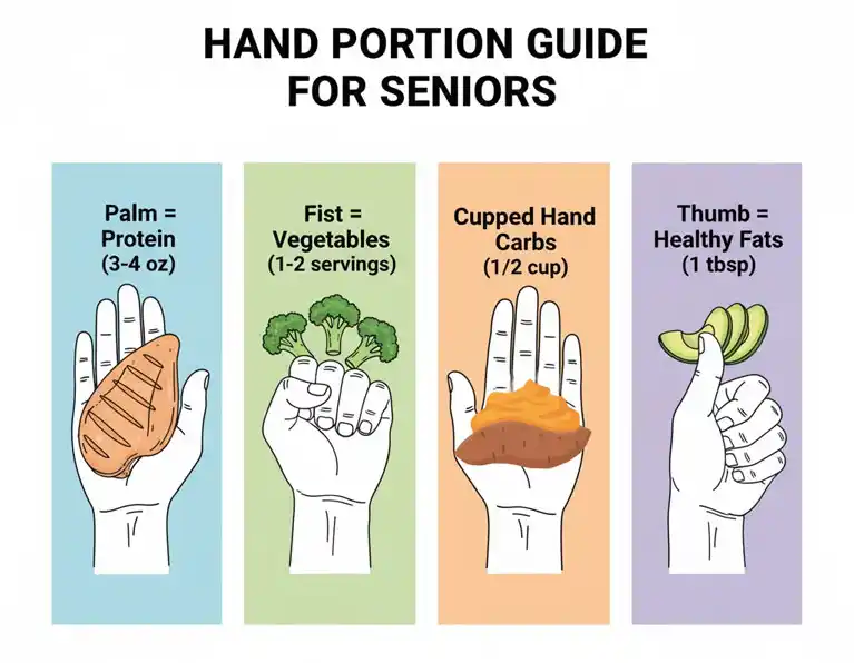 A visual 'Hand Portion Guide for Seniors' from Vintage Fitness. This senior nutrition guide uses a hand to measure portion sizes: a palm for protein (like chicken), a fist for vegetables (like broccoli), a cupped hand for carbs, and a thumb for healthy fats.